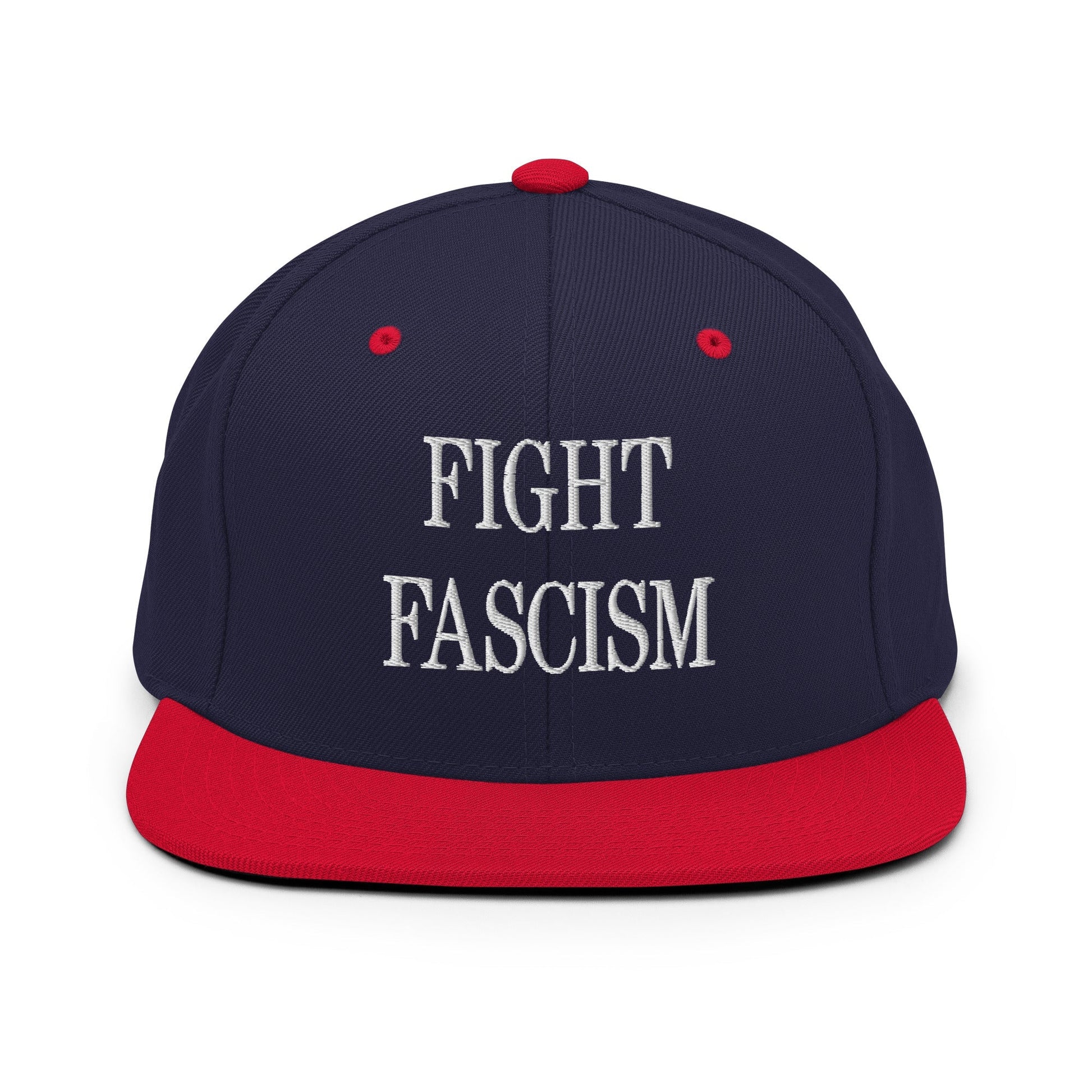 Fight Fascism Embroidered Flat Brim Bill Snapback Hat - Navy/ Red