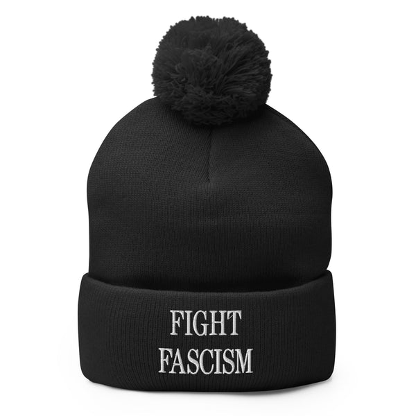 Fight Fascism Embroidered Pom Pom Knit Beanie - Black