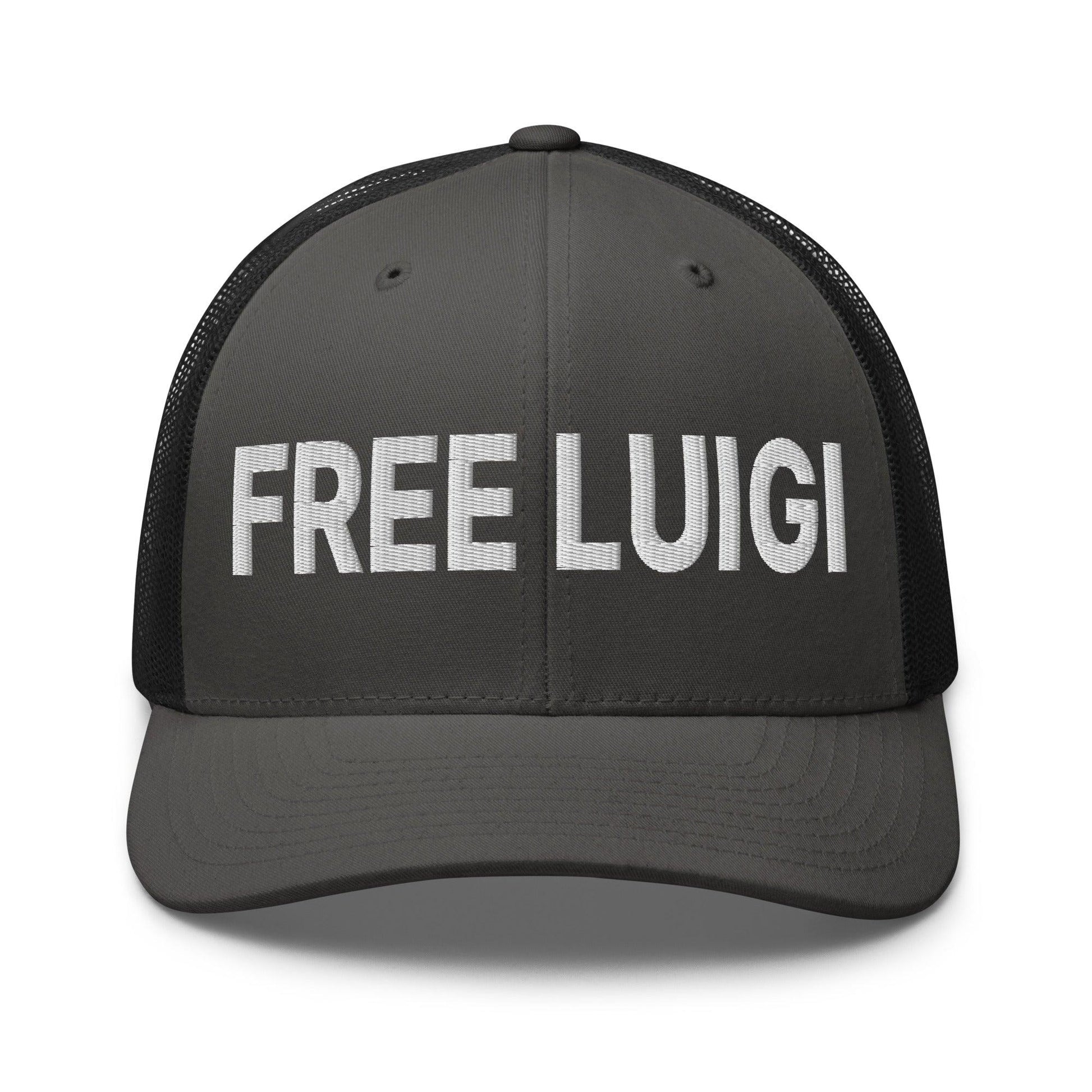 Free Luigi Mangione Embroidered Mesh Trucker Hat - Charcoal/ Black - Headwear