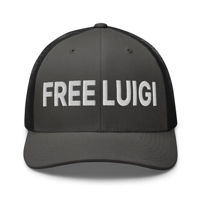 Free Luigi Mangione Embroidered Mesh Trucker Hat - Charcoal/ Black - Headwear