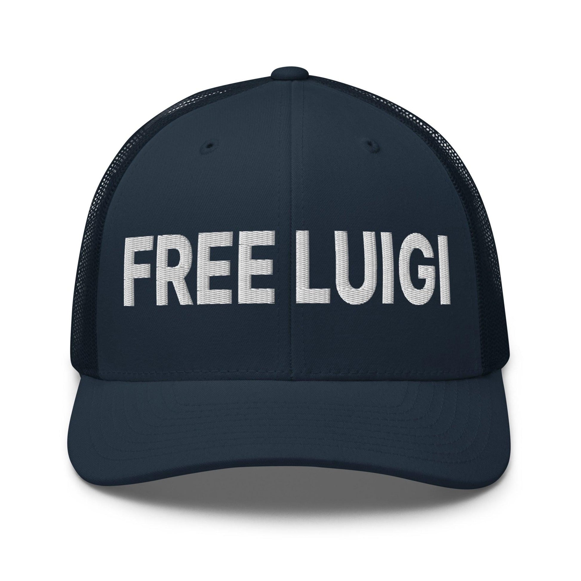Free Luigi Mangione Embroidered Mesh Trucker Hat - Navy - Headwear