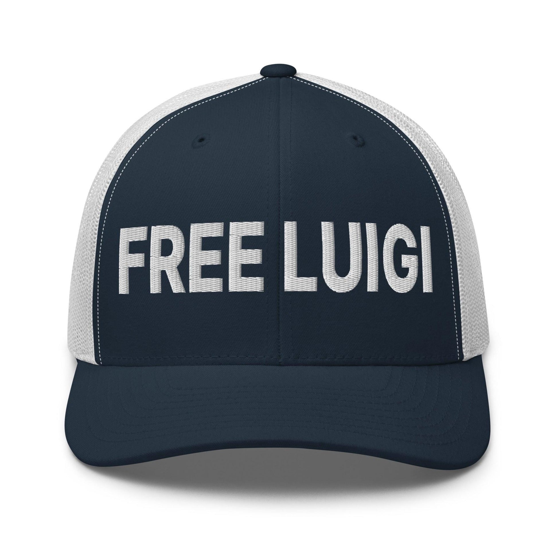 Free Luigi Mangione Embroidered Mesh Trucker Hat - Navy/ White - Headwear
