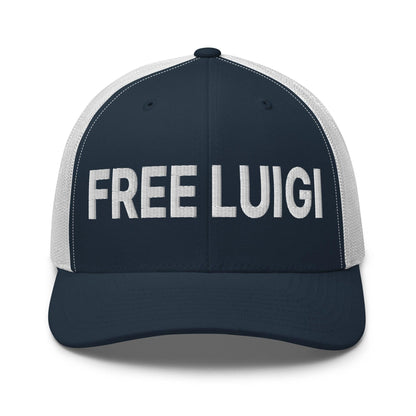 Free Luigi Mangione Embroidered Mesh Trucker Hat - Navy/ White - Headwear