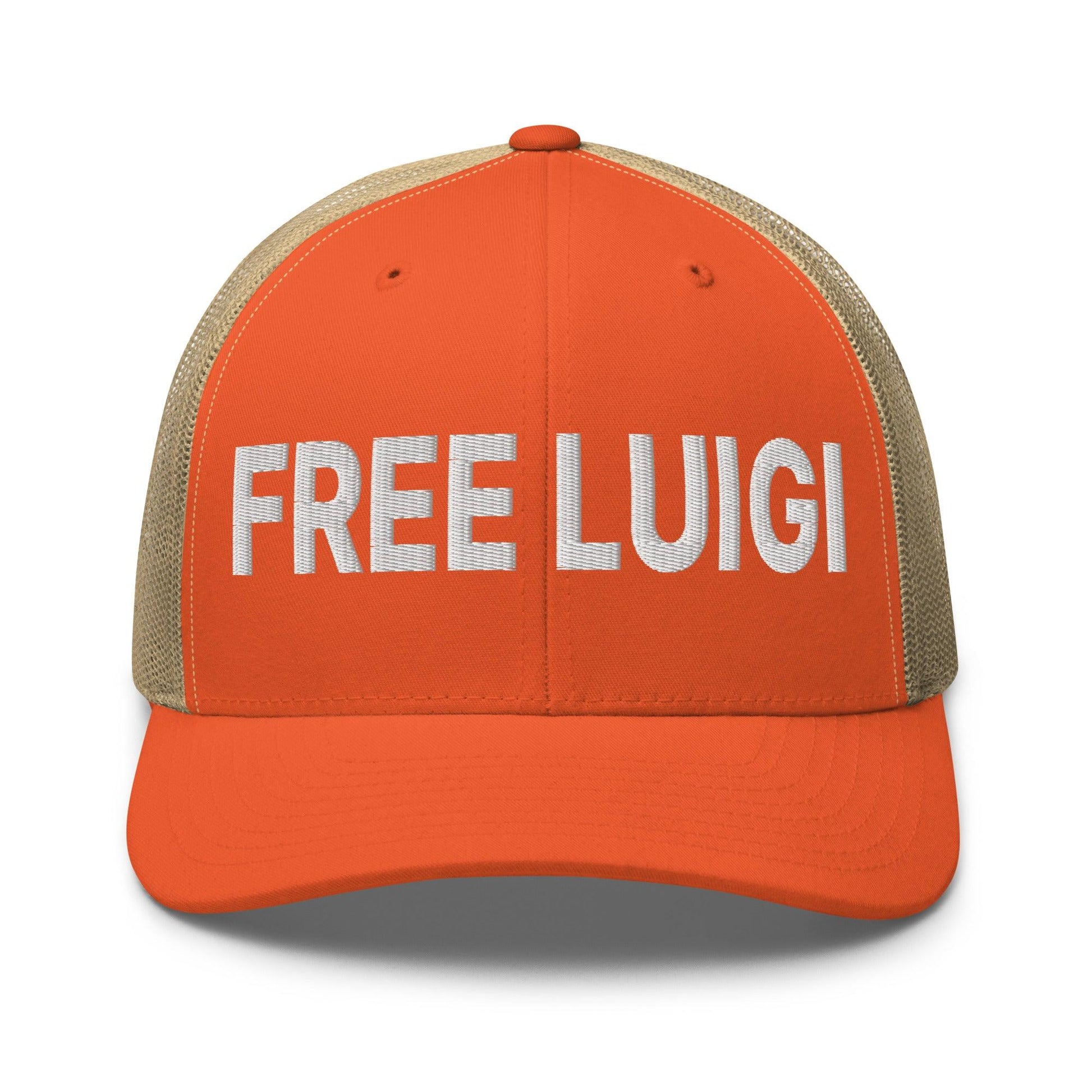 Free Luigi Mangione Embroidered Mesh Trucker Hat - Rustic Orange/ Khaki - Headwear