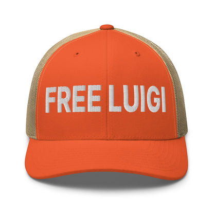 Free Luigi Mangione Embroidered Mesh Trucker Hat - Rustic Orange/ Khaki - Headwear