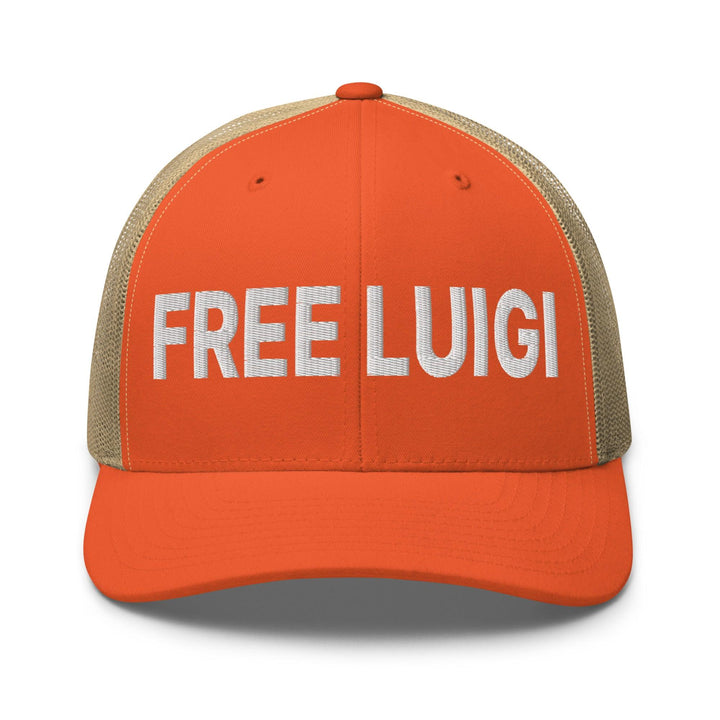 Free Luigi Mangione Embroidered Mesh Trucker Hat - Rustic Orange/ Khaki