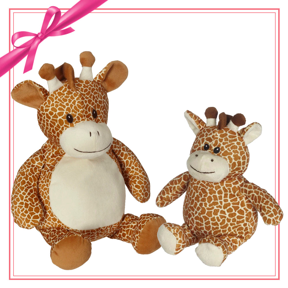 Two stuffed giraffe toys from Gerry Giraffe Buddy Mini Plush Gift Set with custom apparel