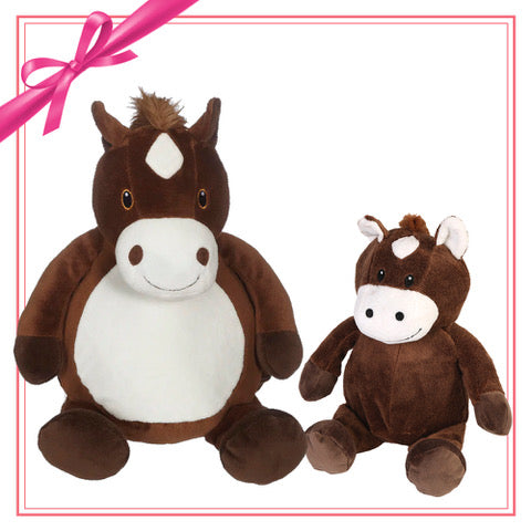 Two brown plush horses from the Gift Set featuring Howie Horse Buddy and mini plush toys