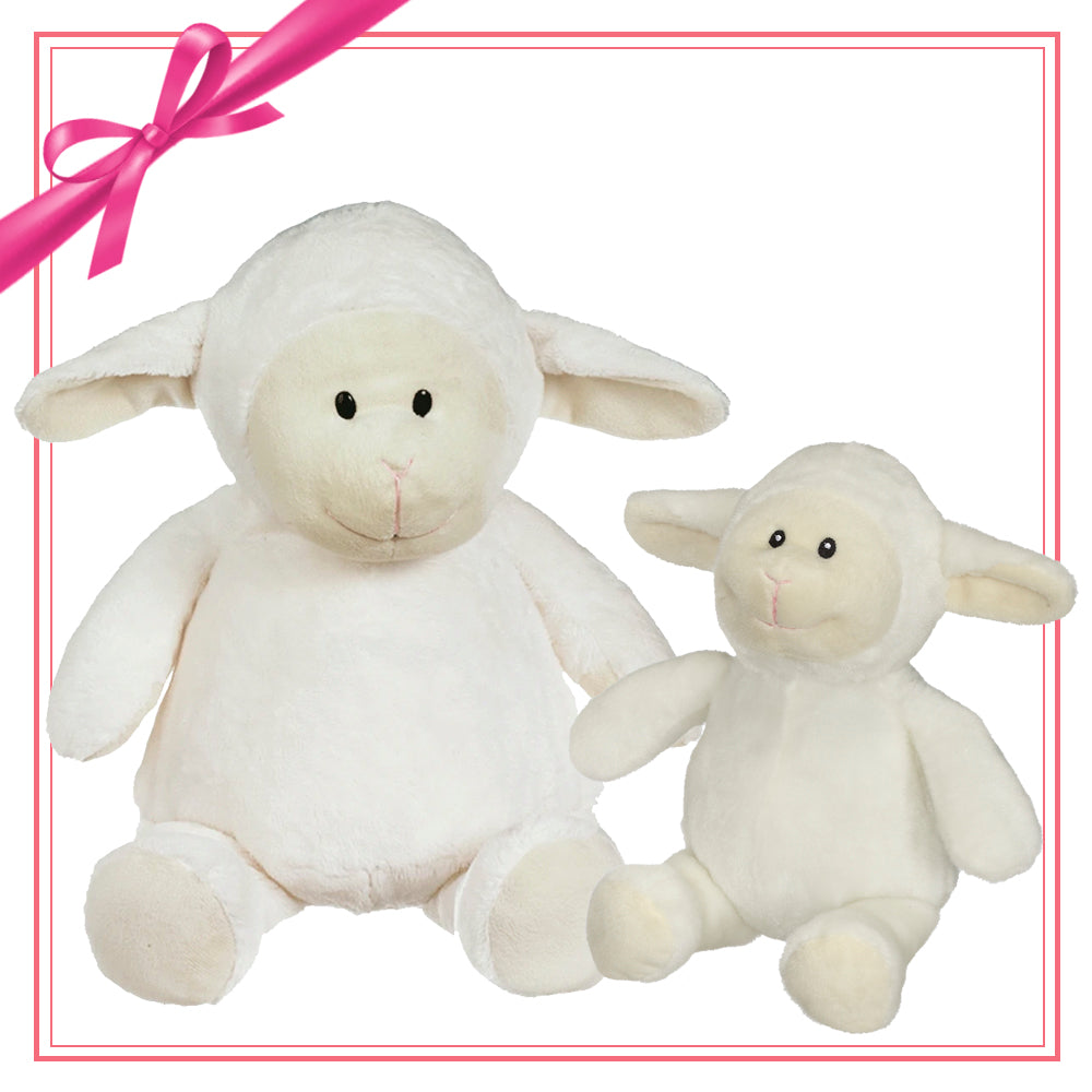 Two plush lamb toys from Lambton Lamb Buddy Gift Set featuring mini plush and custom apparel