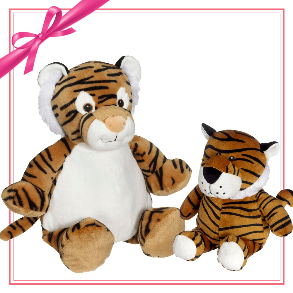Two plush tiger toys from the Tory Tiger Buddy mini plush gift set with custom apparel