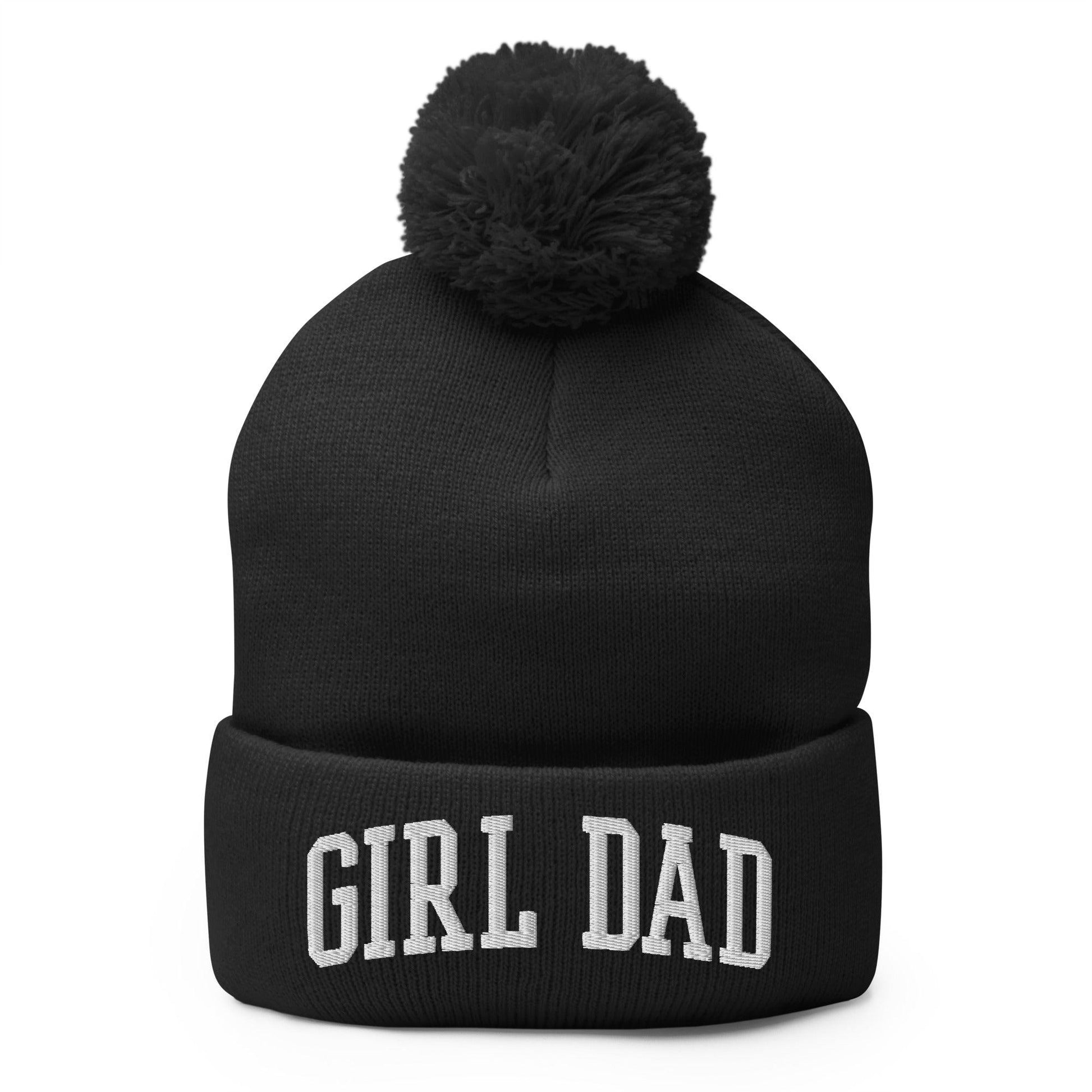 Girl Dad Varsity Letterman Block Embroidered Knit Pom Beanie - Black