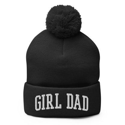 Girl Dad Varsity Letterman Block Embroidered Knit Pom Beanie - Black
