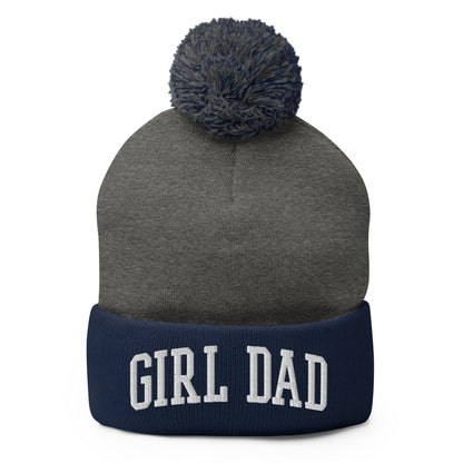 Girl Dad Varsity Letterman Block Embroidered Knit Pom Beanie - Dark Heather Grey/ Navy