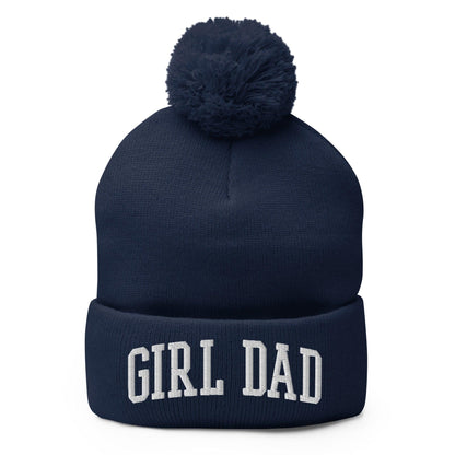 Girl Dad Varsity Letterman Block Embroidered Knit Pom Beanie - Navy