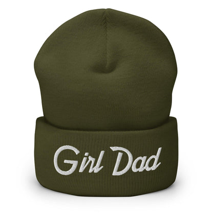 Girl Dad Vintage Sports Script Embroidered Knit Cuffed Beanie - Olive