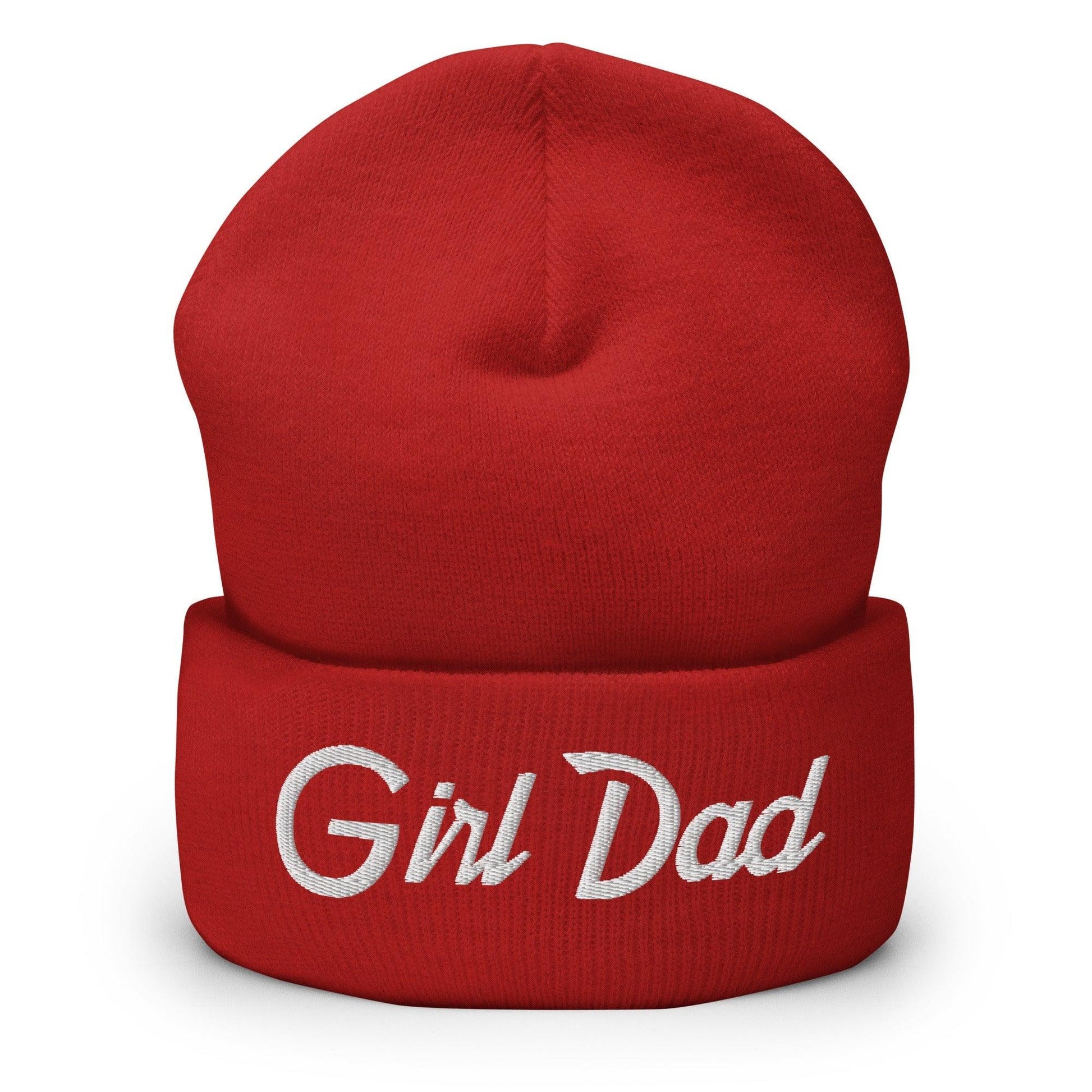 Girl Dad Vintage Sports Script Embroidered Knit Cuffed Beanie - Red
