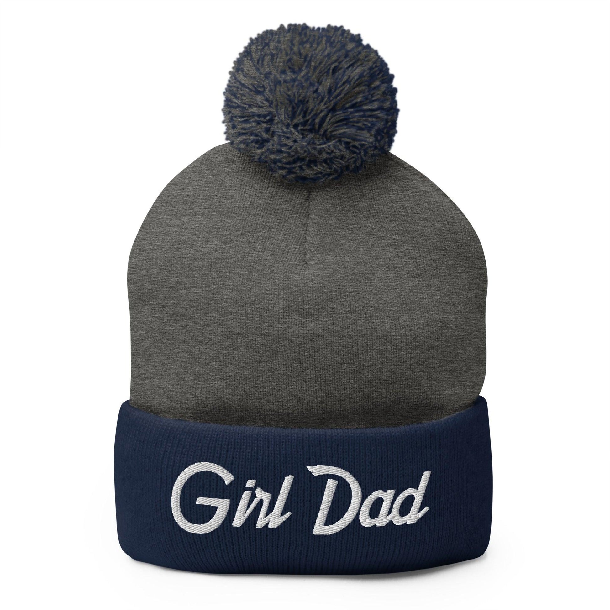 Girl Dad Vintage Sports Script Embroidered Knit Pom Beanie - Dark Heather Grey/ Navy