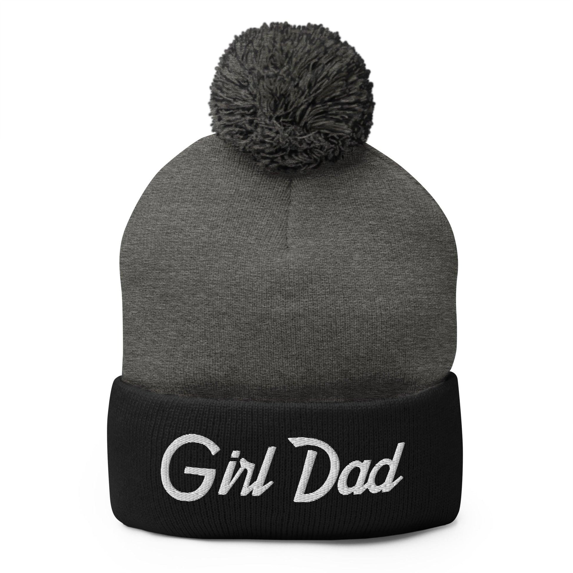 Girl Dad Vintage Sports Script Embroidered Knit Pom Beanie - Dark Heather Grey/ Black