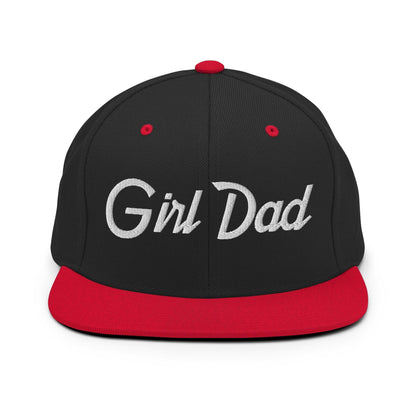 Girl Dad Vintage Sports Script Flat Bill Brim Snapback Hat - Black/ Red