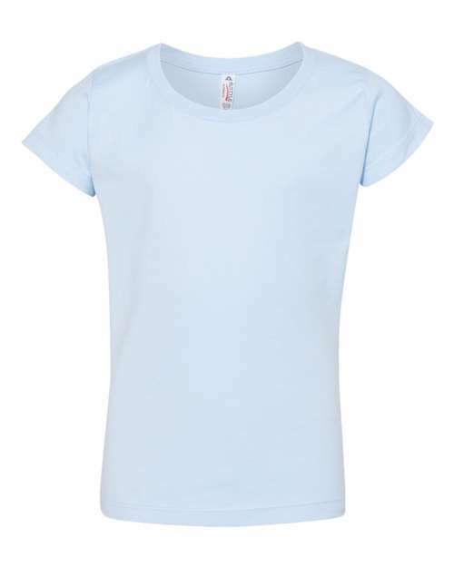 Light blue Girls Ultimate T-Shirt showcasing premium custom apparel for screen printing and bulk orders