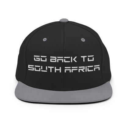 Go Back to South Africa Elon Musk Embroidered Flat Brim Bill Snapback Hat - Black/ Silver