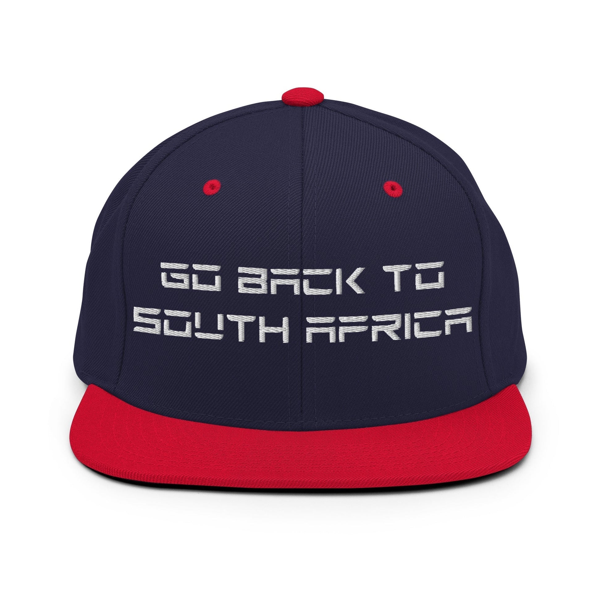 Go Back to South Africa Elon Musk Embroidered Flat Brim Bill Snapback Hat - Navy/ Red