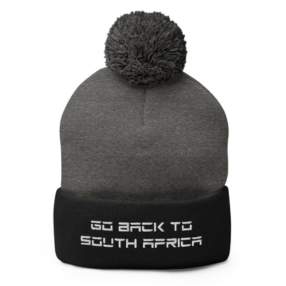 Go Back to South Africa Elon Musk Embroidered Pom Knit Beanie - Dark Heather Grey/ Black