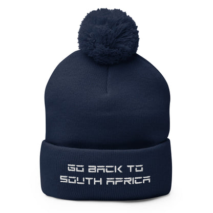 Go Back to South Africa Elon Musk Embroidered Pom Knit Beanie - Navy