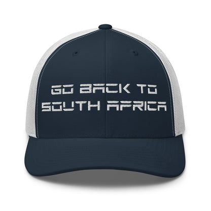 Go Back to South Africa Elon Musk Embroidered Retro Mesh Trucker Hat - Navy/ White