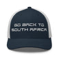 Go Back to South Africa Elon Musk Embroidered Retro Mesh Trucker Hat - Navy/ White