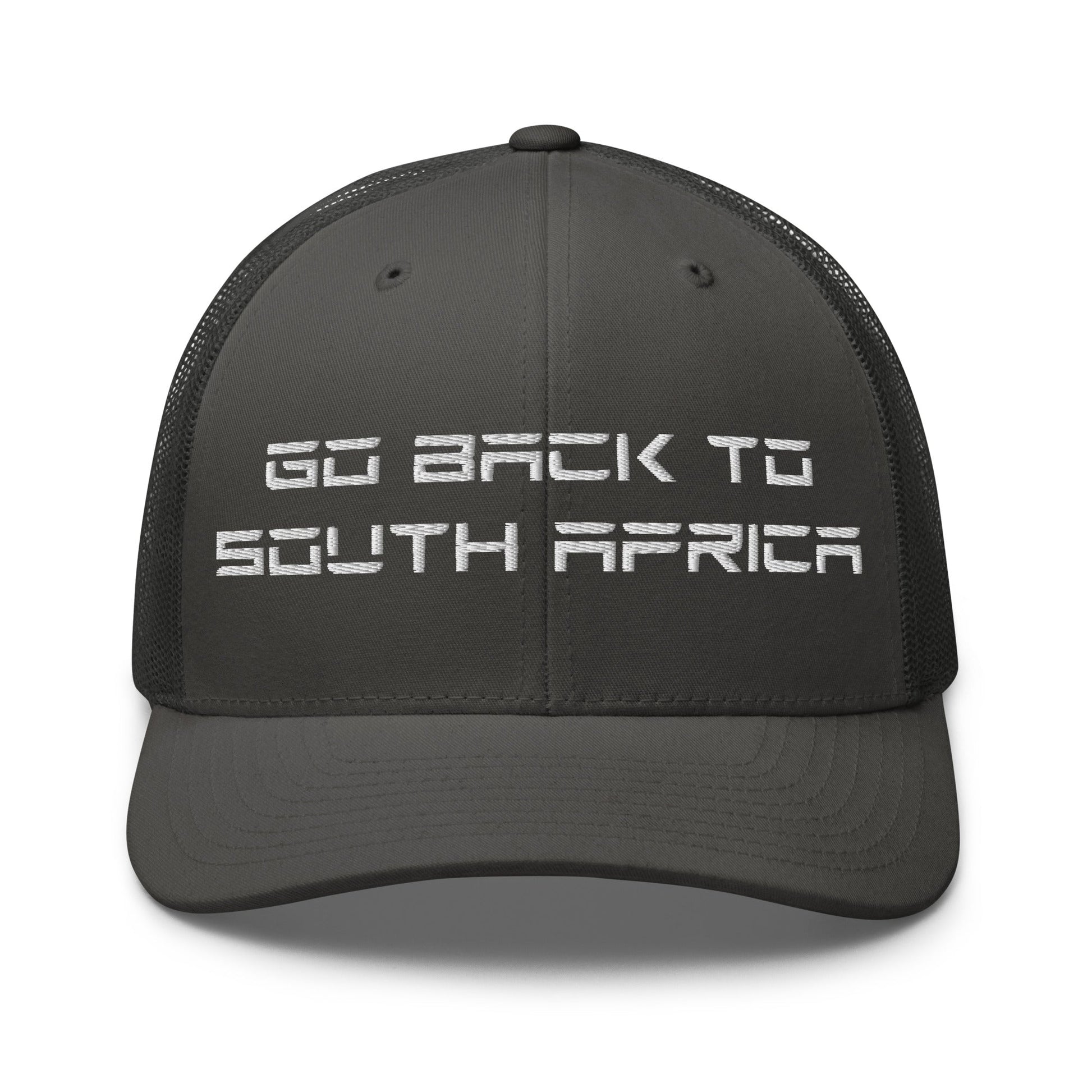 Go Back to South Africa Elon Musk Embroidered Retro Mesh Trucker Hat - Charcoal