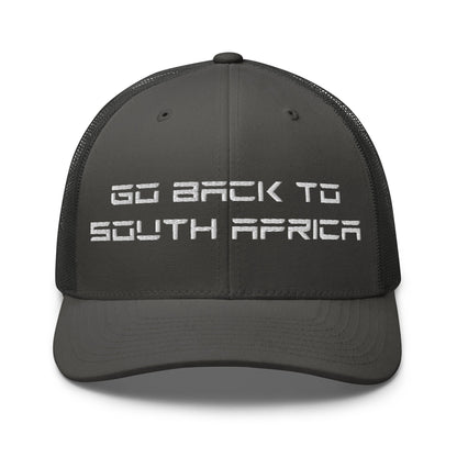 Go Back to South Africa Elon Musk Embroidered Retro Mesh Trucker Hat - Charcoal