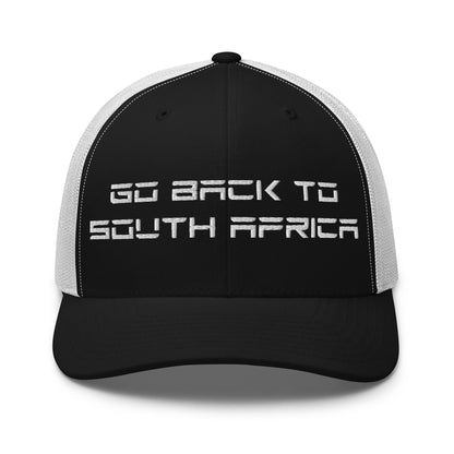Go Back to South Africa Elon Musk Embroidered Retro Mesh Trucker Hat - Black/ White
