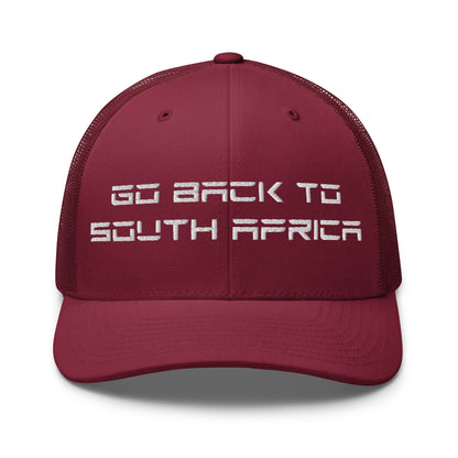 Go Back to South Africa Elon Musk Embroidered Retro Mesh Trucker Hat - Cranberry