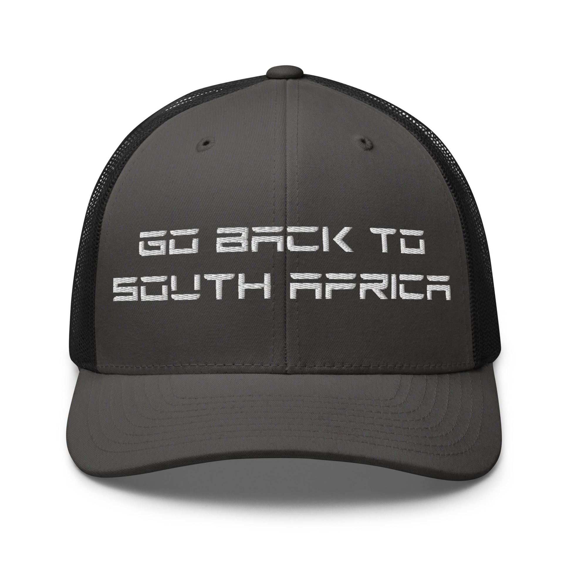 Go Back to South Africa Elon Musk Embroidered Retro Mesh Trucker Hat - Charcoal/ Black