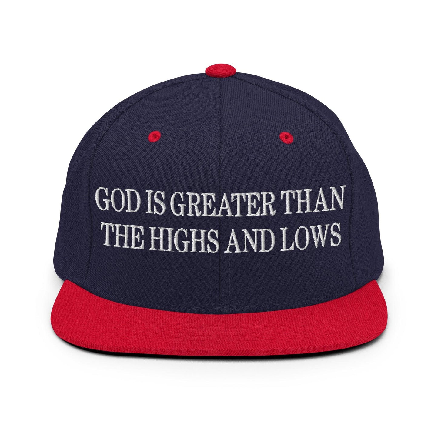 God is Greater than the Highs and Lows Embroidered Flat Bill Brim Snapback Hat - Navy/ Red