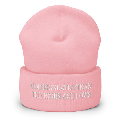 God is Greater than the Highs and Lows Embroidered Knit Cuffed Beanie - Baby Pink