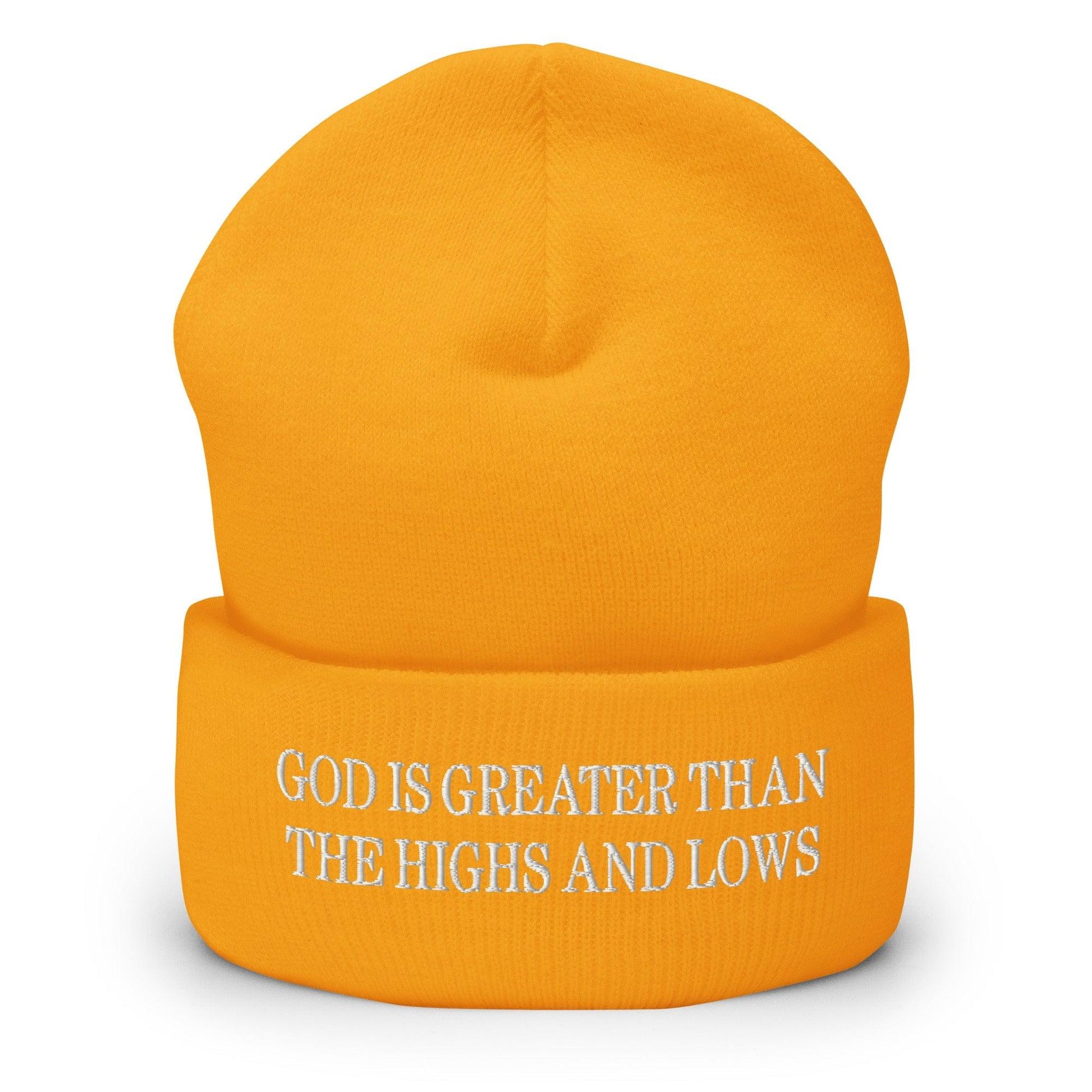 God is Greater than the Highs and Lows Embroidered Knit Cuffed Beanie - Gold