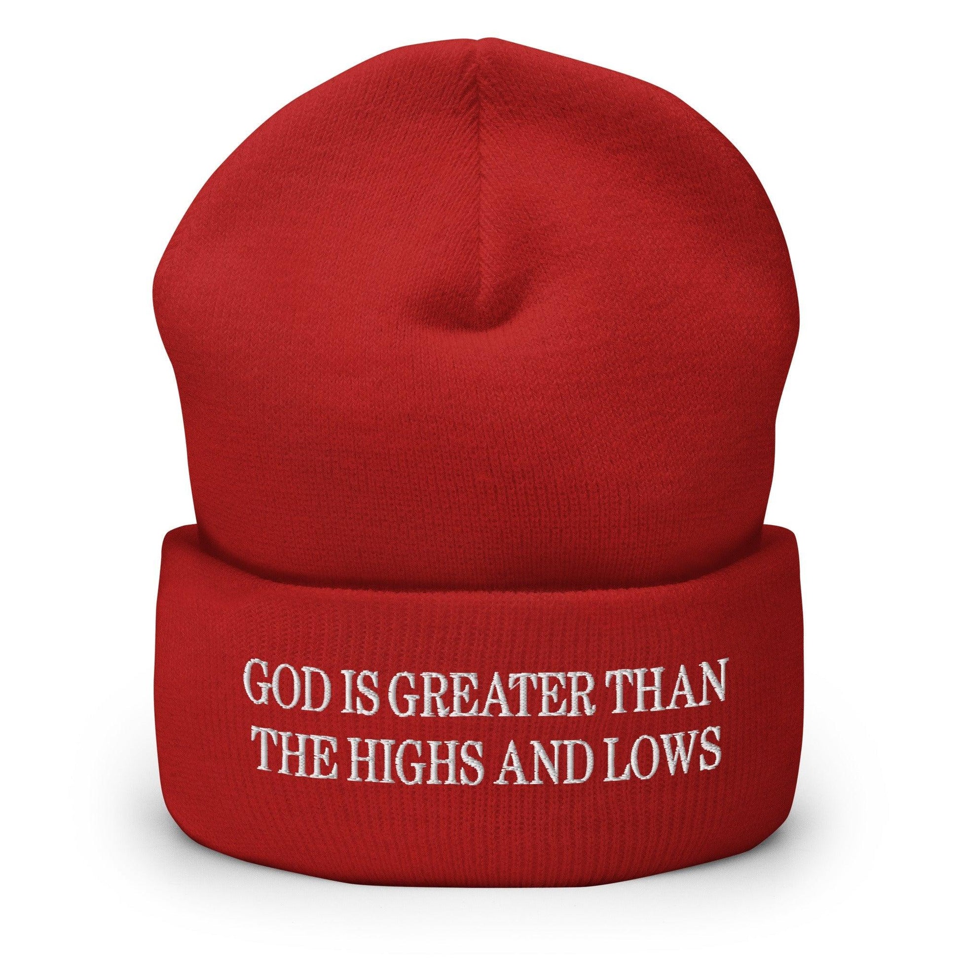 God is Greater than the Highs and Lows Embroidered Knit Cuffed Beanie - Red
