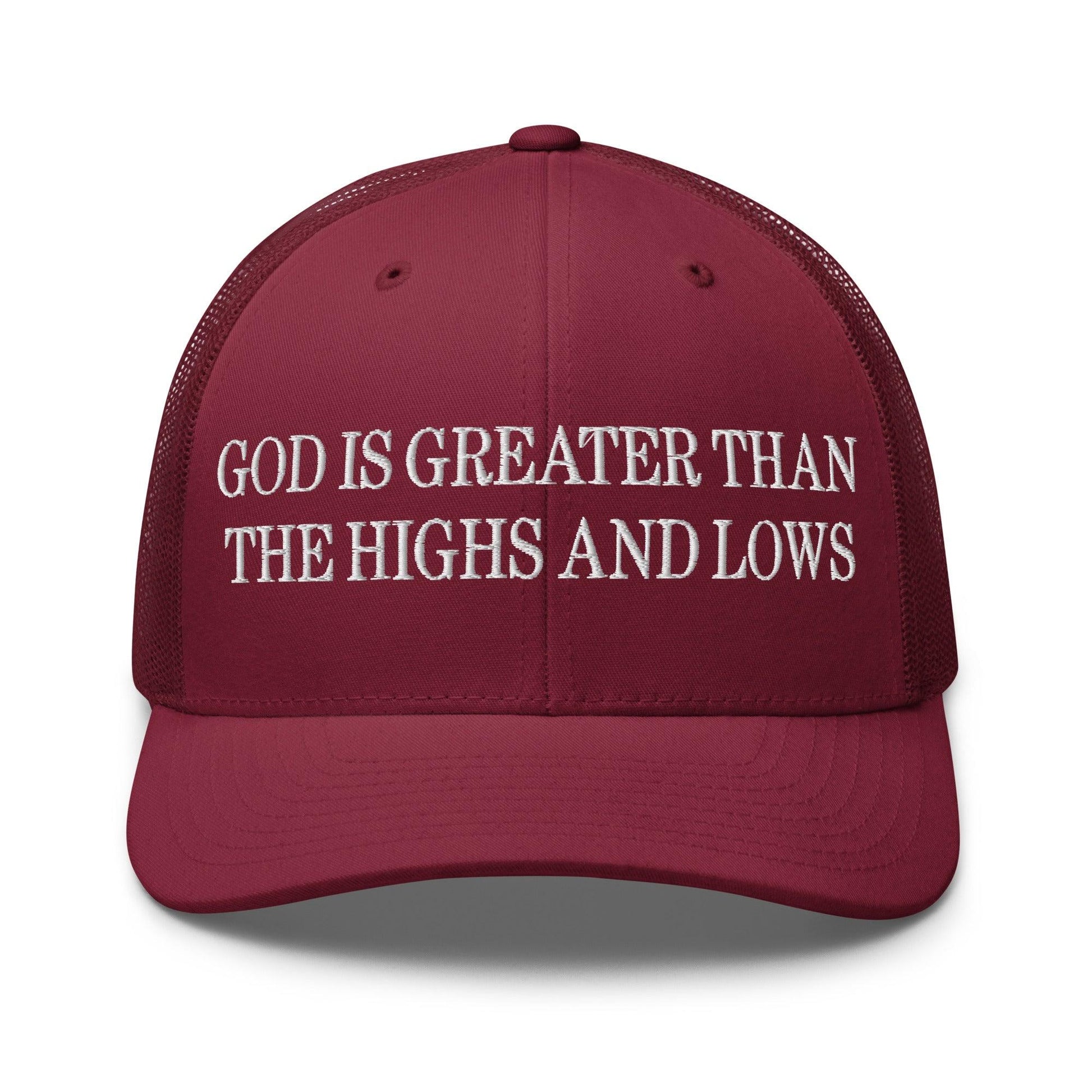 God is Greater than the Highs and Lows Embroidered Mesh Trucker Hat - Cranberry