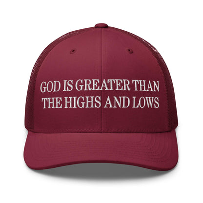 God is Greater than the Highs and Lows Embroidered Mesh Trucker Hat - Cranberry