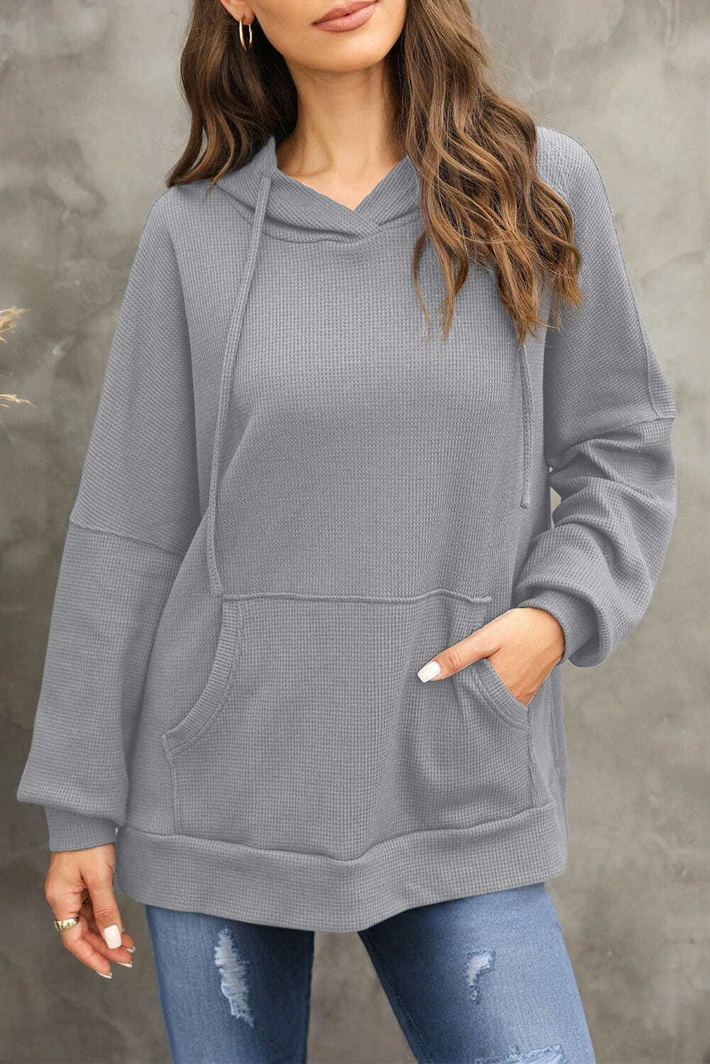 Sweatshirts & Hoodies-Gray Waffle Knit High Low Oversized Hoodie-torontoscreenprinting.ca