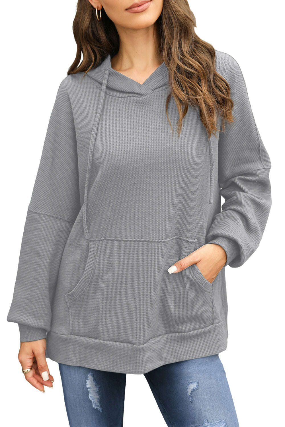 Sweatshirts & Hoodies-Gray Waffle Knit High Low Oversized Hoodie-torontoscreenprinting.ca