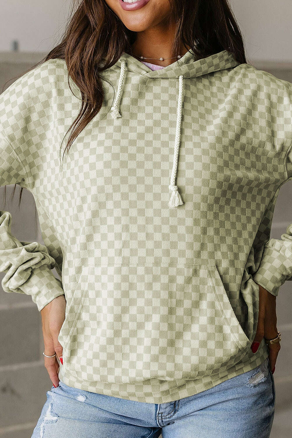 Sweatshirts & Hoodies-Green Checkered Kangaroo Pocket Hoodie-torontoscreenprinting.ca