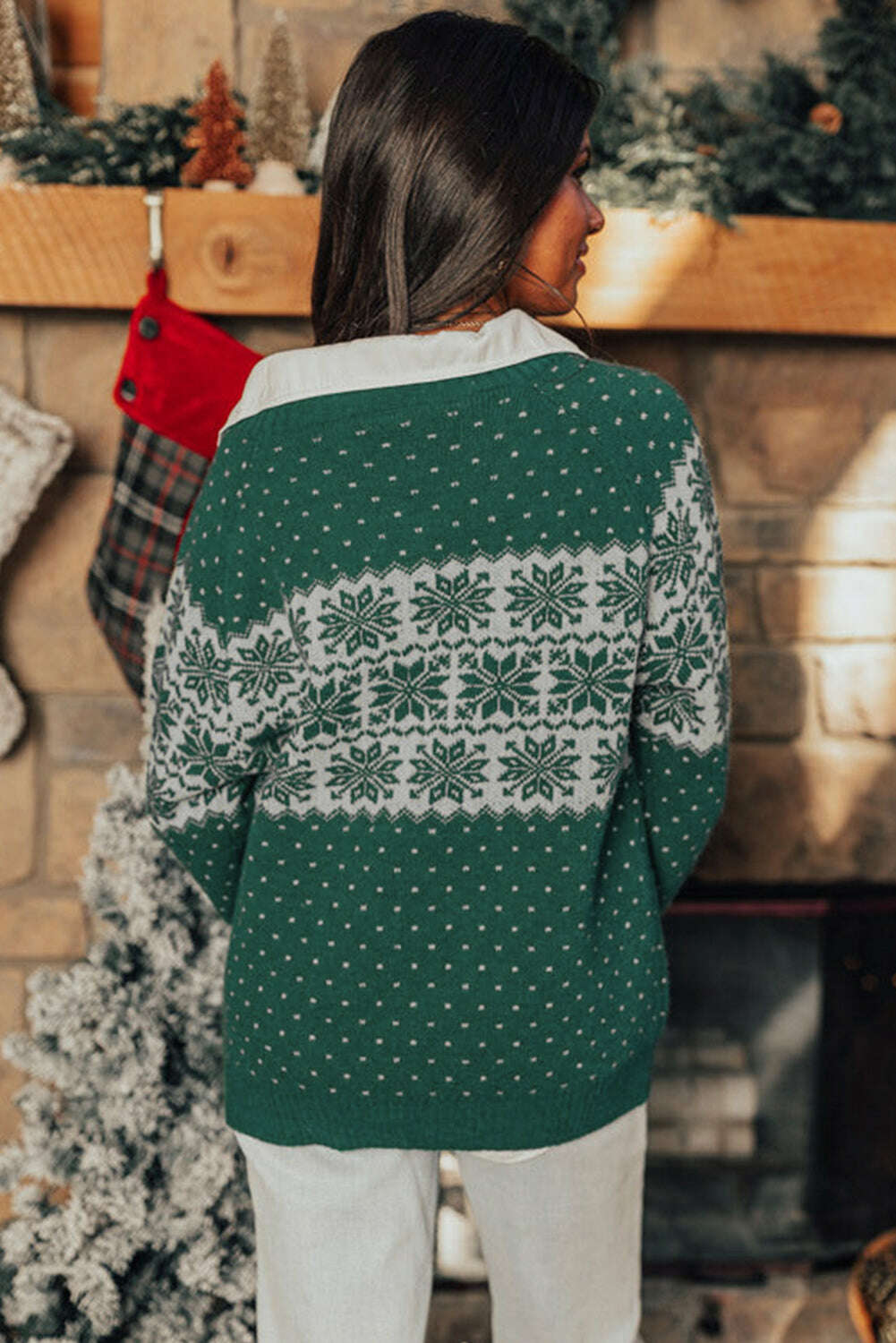 Plus Size Sweaters&Cardigans-Green Christmas Snowflake Pattern Drop Shoulder Plus Size Sweater-torontoscreenprinting.ca