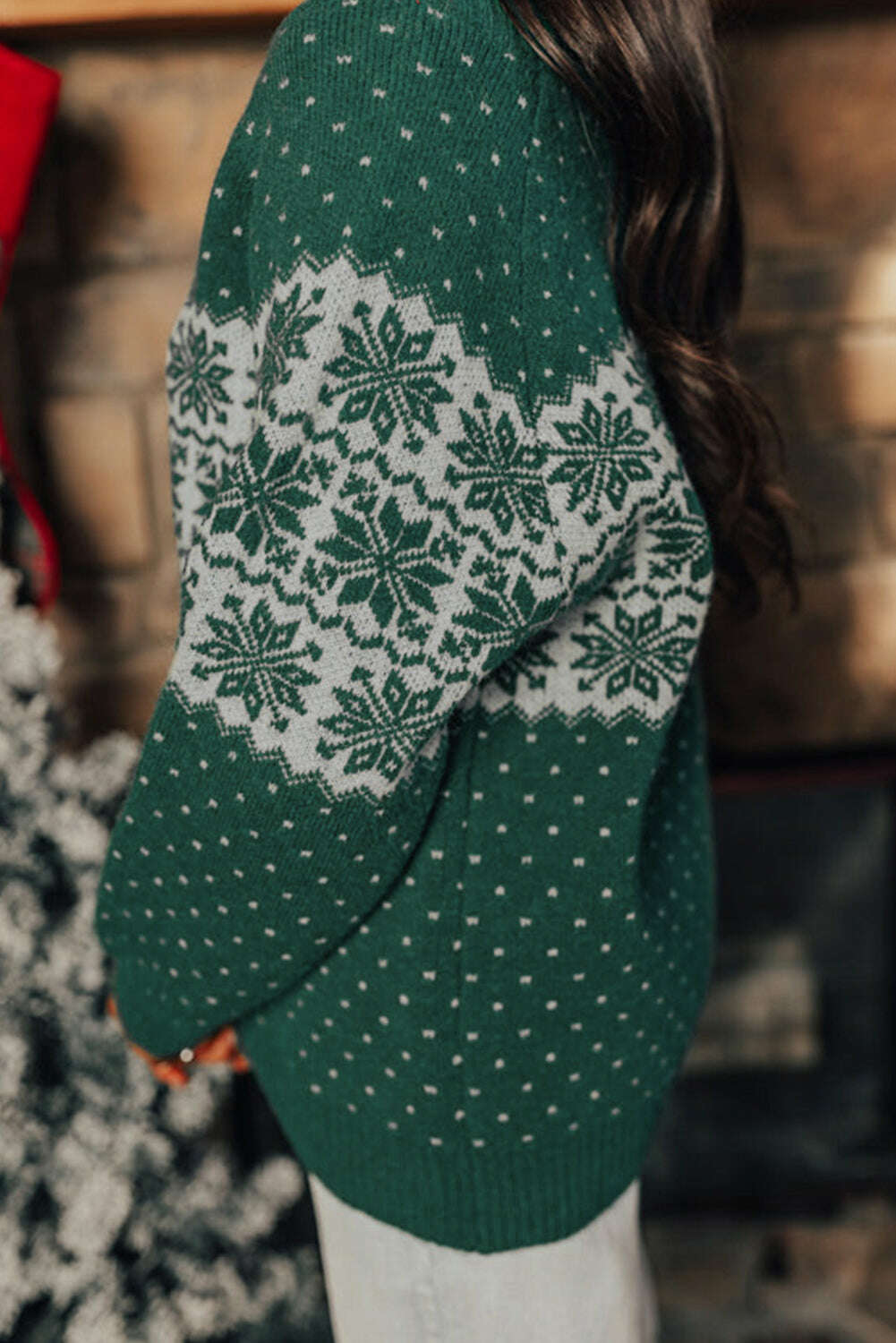 Plus Size Sweaters&Cardigans-Green Christmas Snowflake Pattern Drop Shoulder Plus Size Sweater-torontoscreenprinting.ca