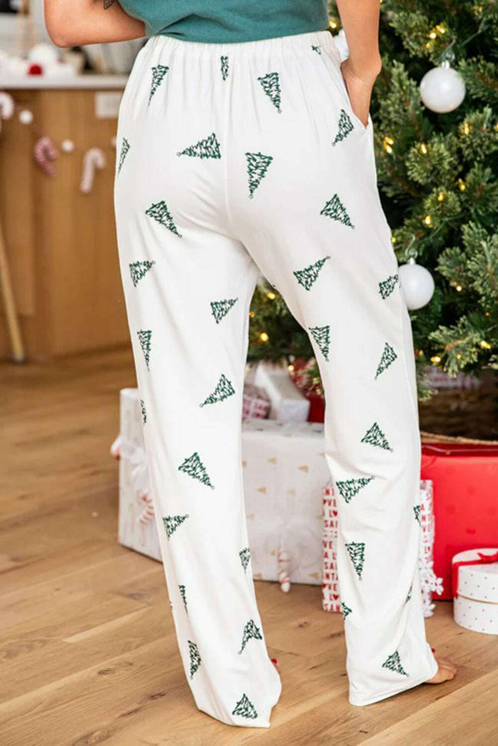 Loungewear Set-Green Christmas Tree Print Tee & White Pants Loungewear Set-torontoscreenprinting.ca