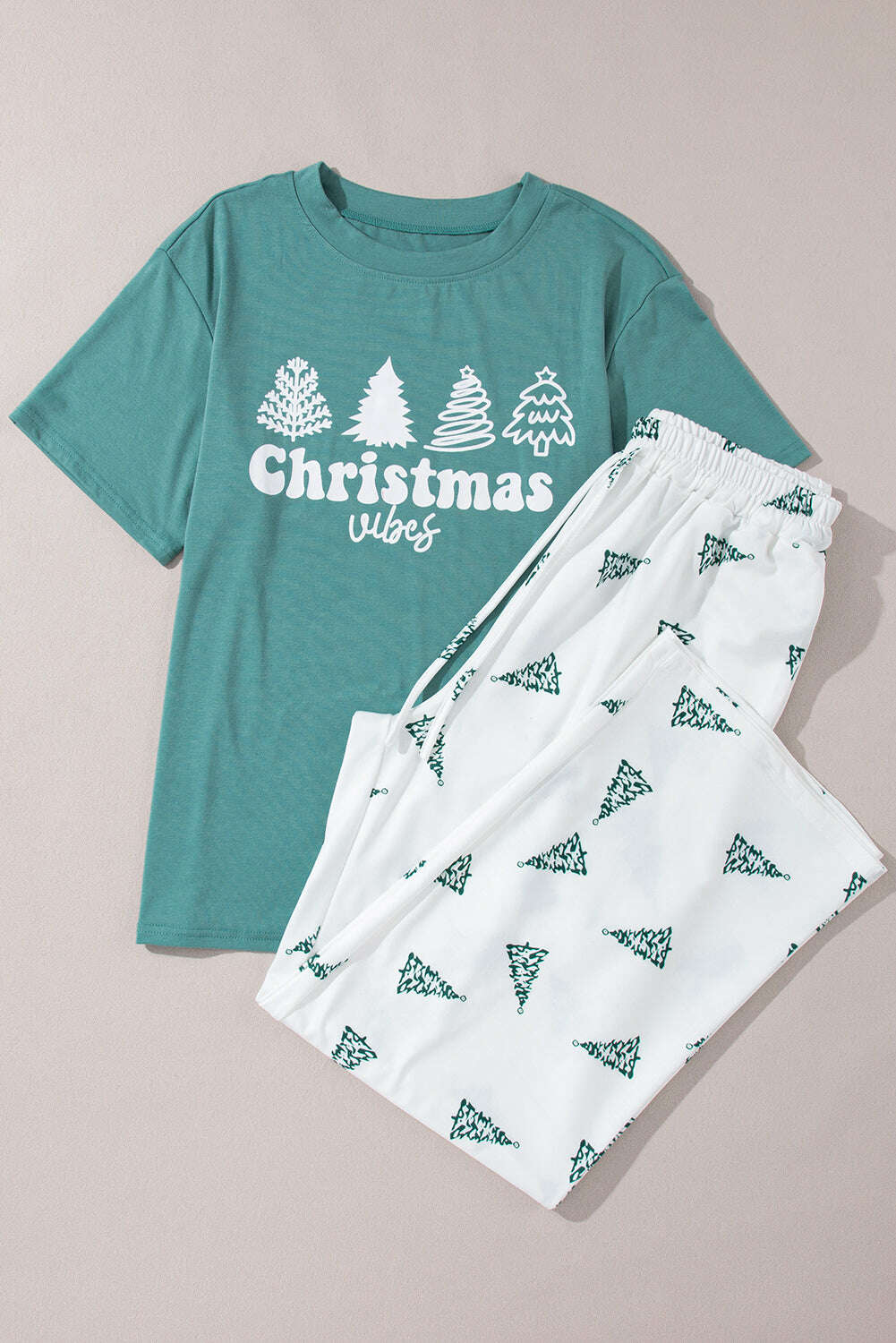 Loungewear Set-Green Christmas Tree Print Tee & White Pants Loungewear Set-torontoscreenprinting.ca