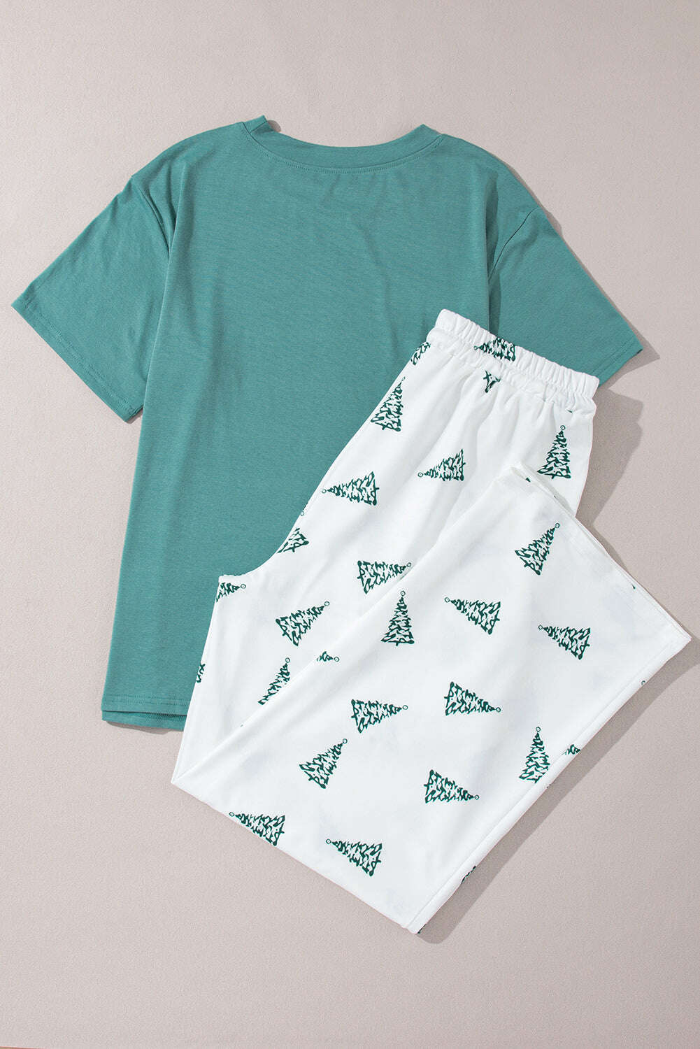 Loungewear Set-Green Christmas Tree Print Tee & White Pants Loungewear Set-torontoscreenprinting.ca