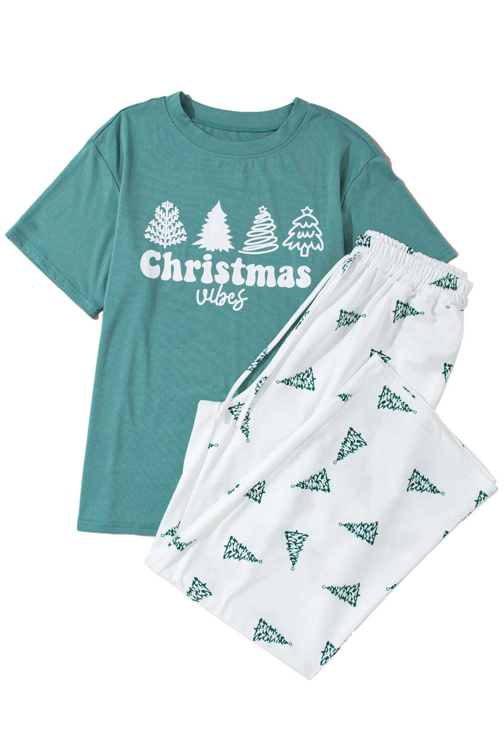 Loungewear Set-Green Christmas Tree Print Tee & White Pants Loungewear Set-torontoscreenprinting.ca